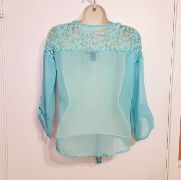 Deb Button Tie Front Chiffon Lace Collar Blouse Aqua Medium - Picture 5 of 12